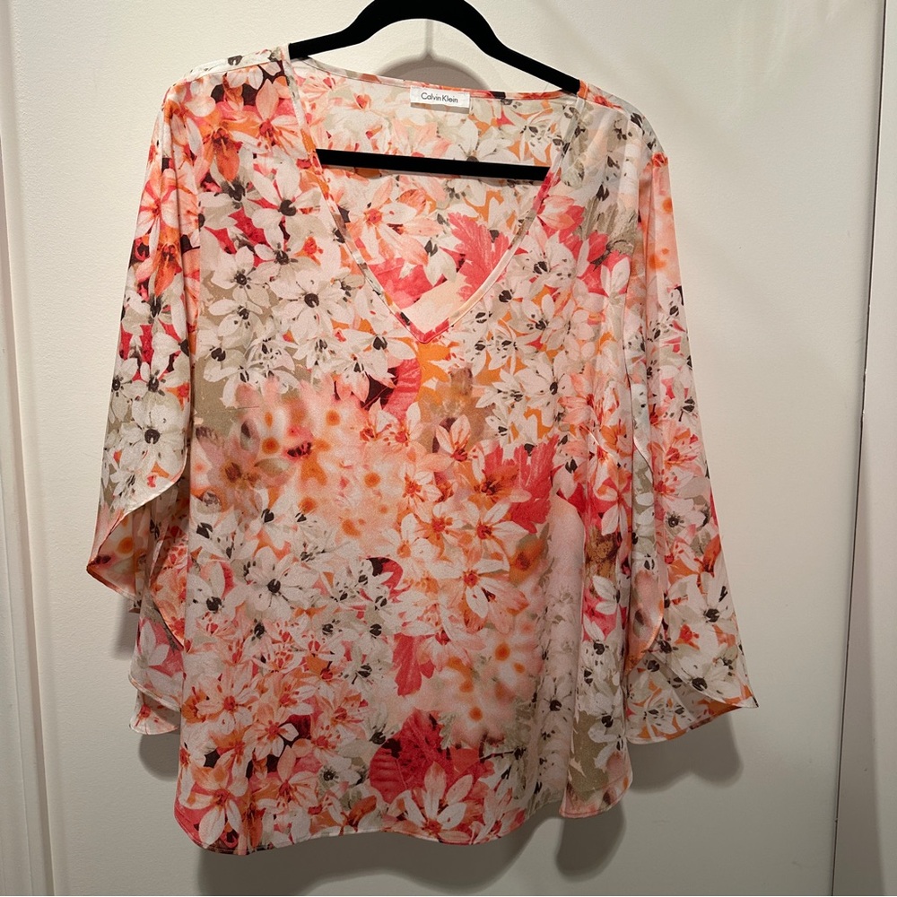 Calvin Klein Women's Floral V-Neck Blouse with beautiful sleeves- Pink/Orange 1X